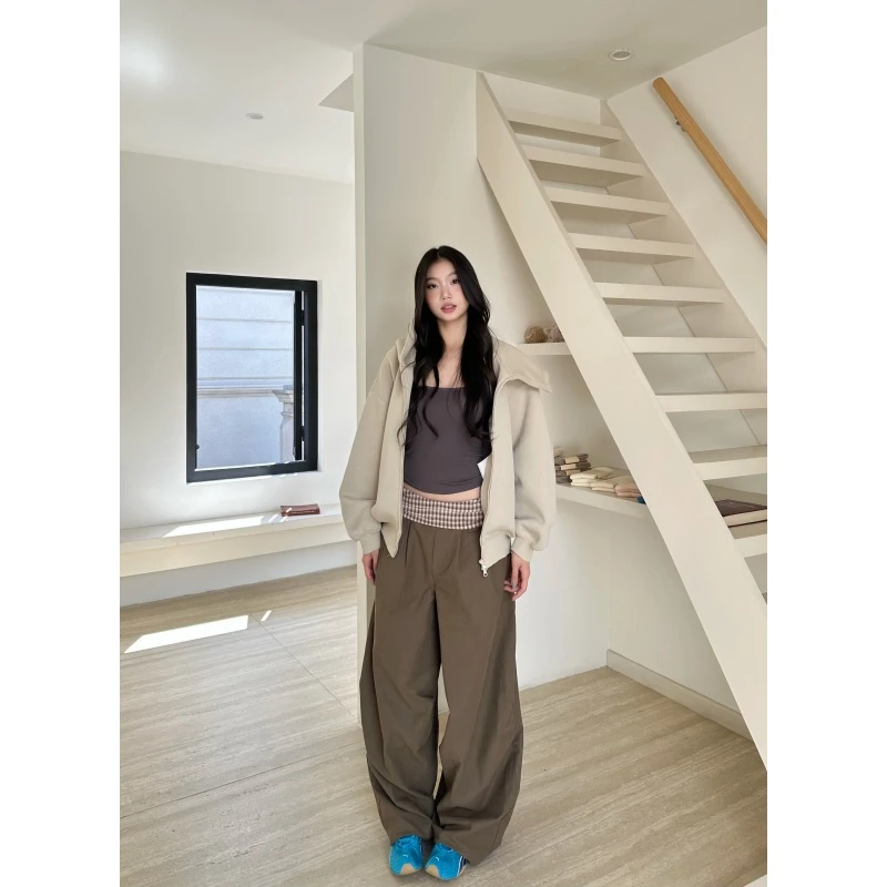 withmin凉皮 轻氧日常 辣妹格纹拼接显瘦宽松直筒休闲裤女2524149