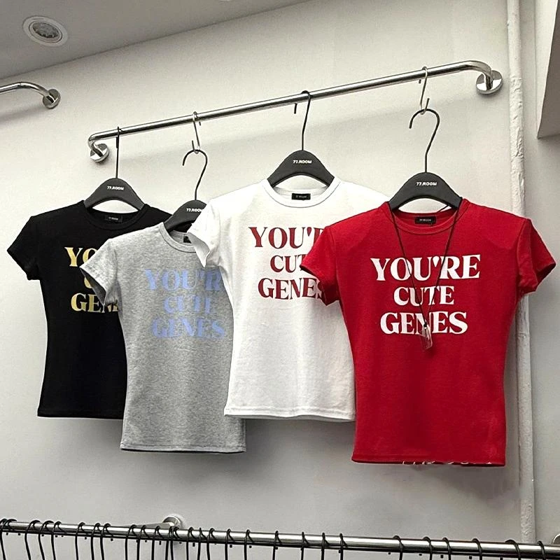 字母印花圆领短袖T恤女夏季修身紧身设计感白色显瘦短款正肩上衣