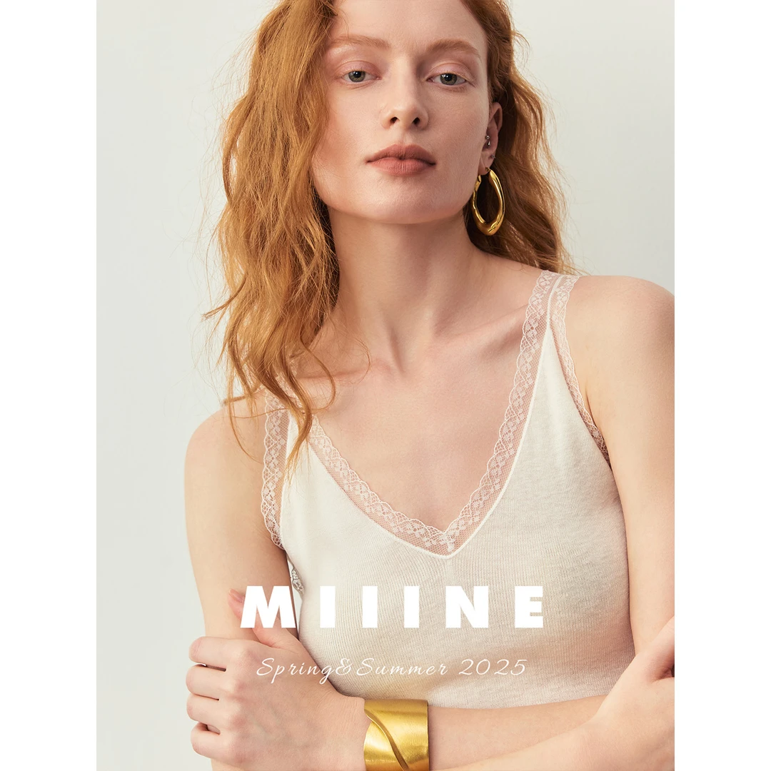 MIIINE 闺房风 極简透气V领蕾丝拼接吊带女背心上衣 舒适柔软