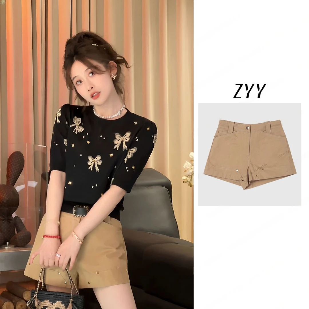 ZYY【日落游集】2025/S新品设计感高腰阔腿铆钉短裤女X25CK623