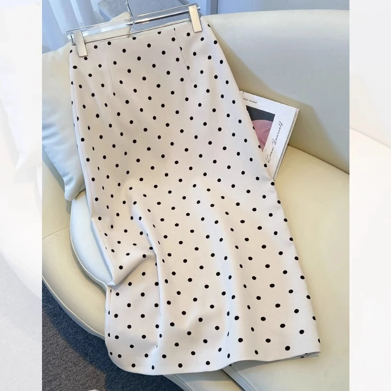 拉夏贝尔法式温柔系2025夏季新款波点设计半身裙百搭后开叉A字裙