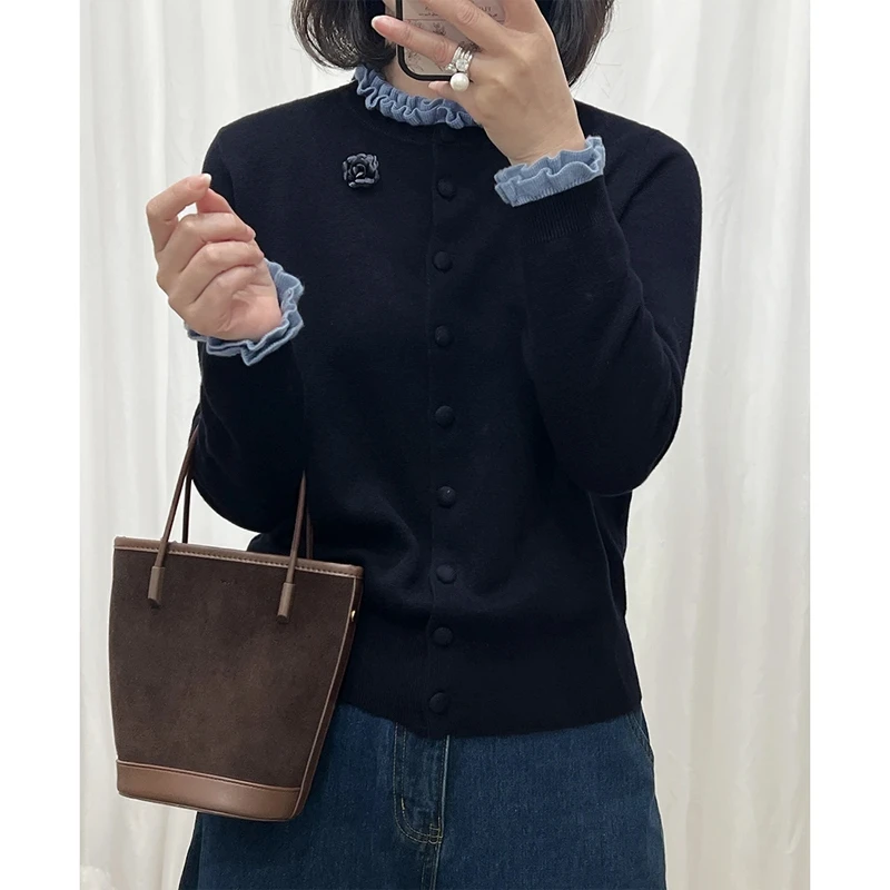 撞色木耳边针织开衫女秋冬2024新款洋气打底毛衣内搭显瘦短款上衣