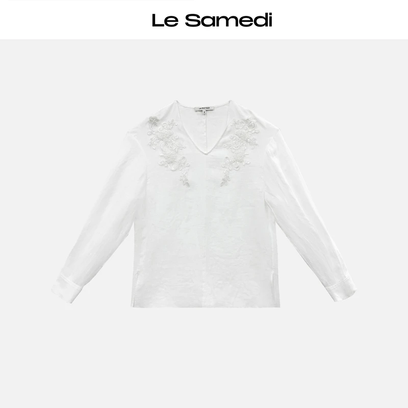 Le Samedi【火树银花】拼接蕾丝V领 浪漫雅致V领宽松汉麻上衣