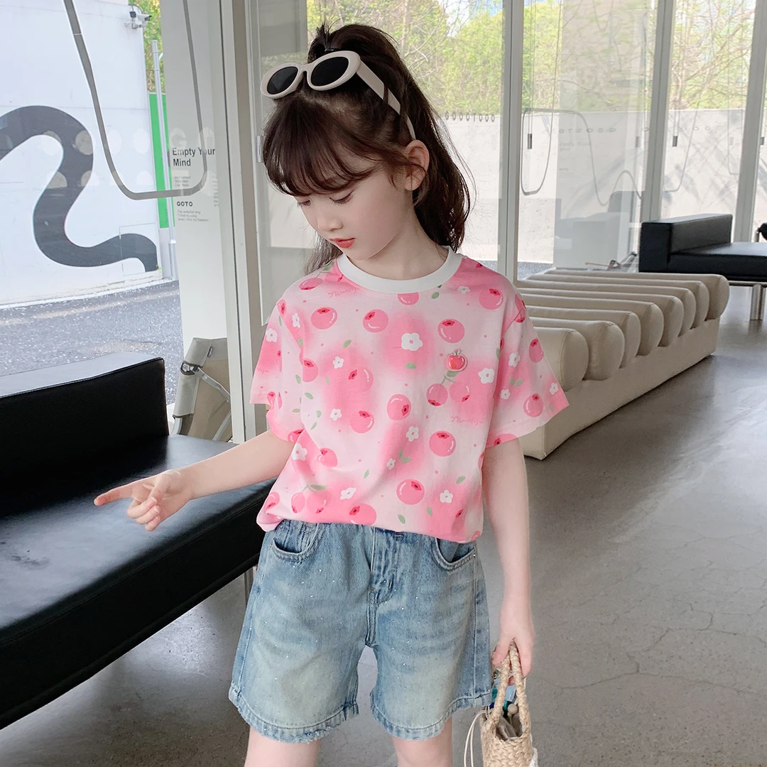 女童短袖2025夏装新款韩版儿童时尚纯棉满印上衣宝宝洋气休闲T恤