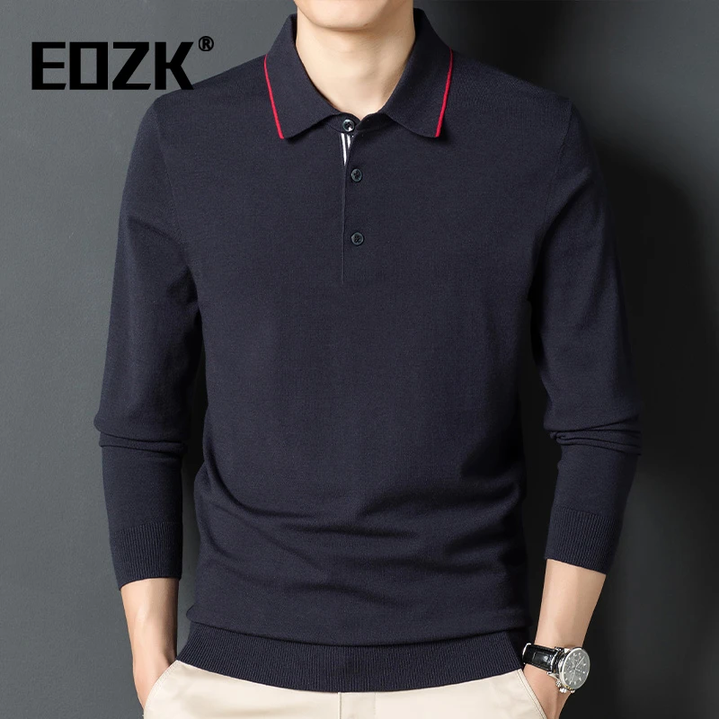 Eozk时尚都市休闲长袖T恤男2025秋季新款纯色毛衣领针织男士上衣