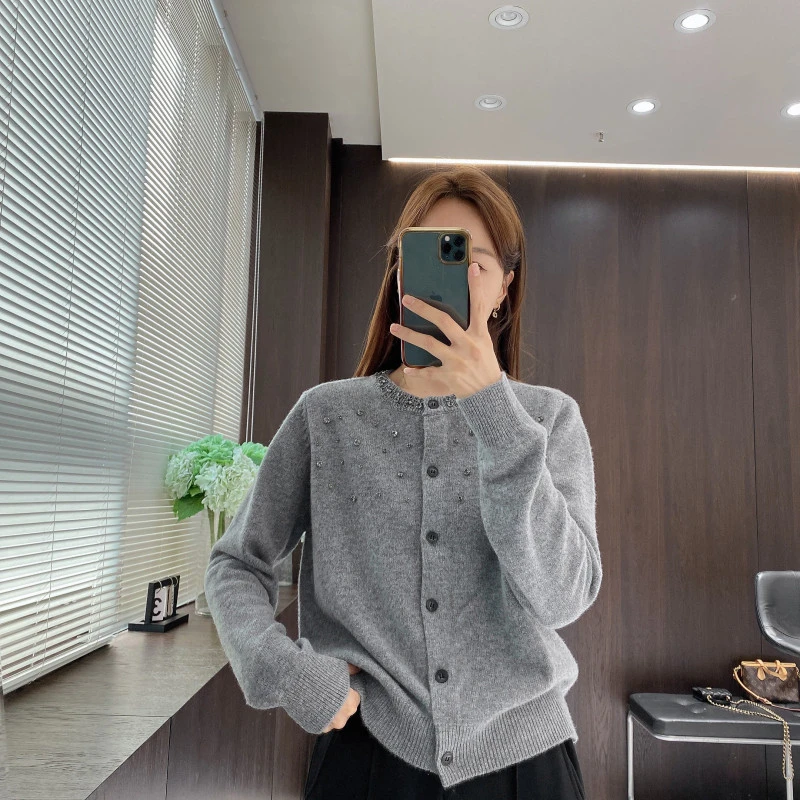 IMFLY金小金自制 绵羊毛开衫DYW8286重工钉钻毛衣女冬季时髦外套