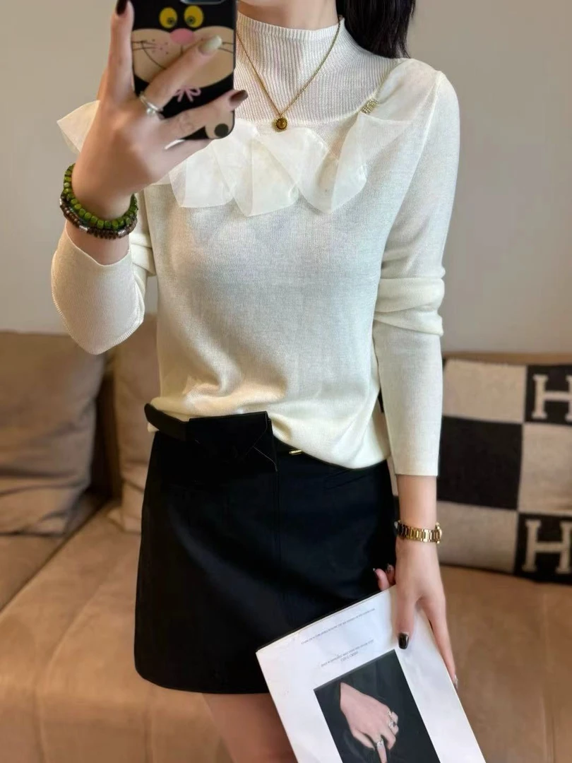 李园家1号店-8546-气质露肩网纱拼接设计感针织