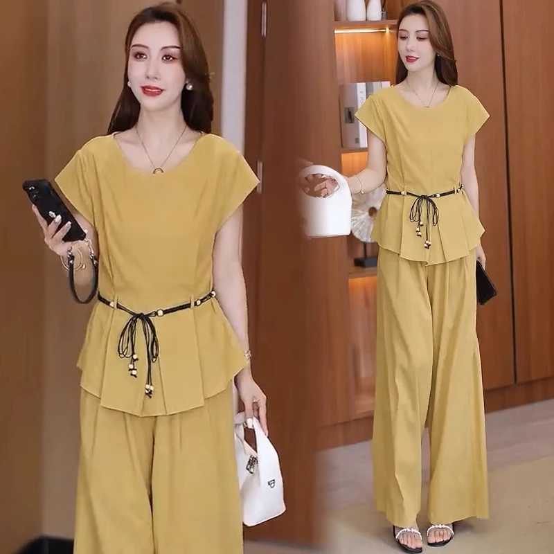 时尚套装女2025夏季新款洋气显瘦设计感短袖上衣阔腿裤两件套潮