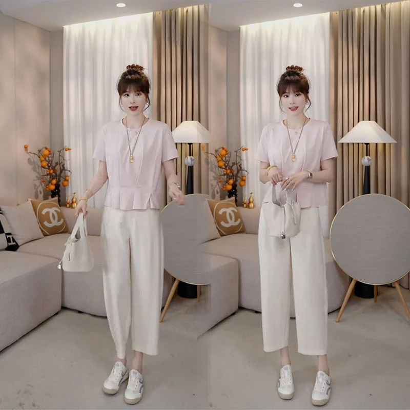 夏装2025超火一整套时尚拼接设计感温柔风短袖小衫九分裤百搭女装