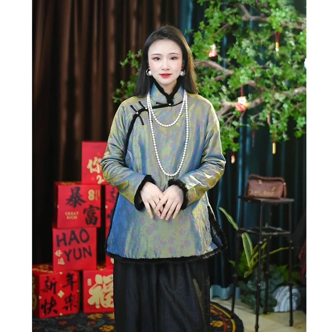 【圆圆高定】新中式女装圆领加厚秋冬复古水貂毛披宋锦棉服上衣女
