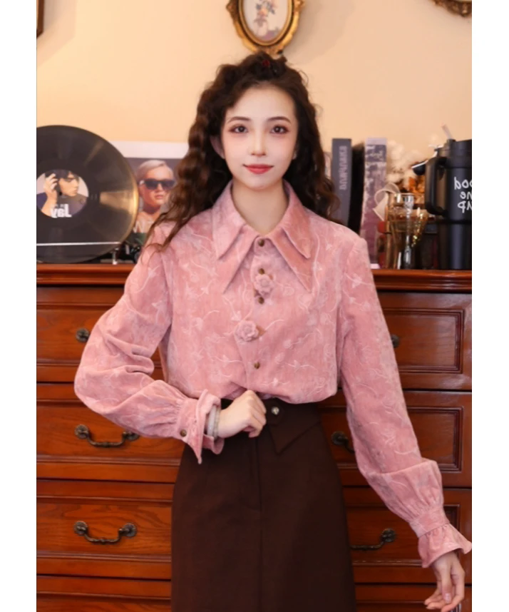 豆芽【温柔蜜语】港味复古气质设计感秋冬长袖上衣03448