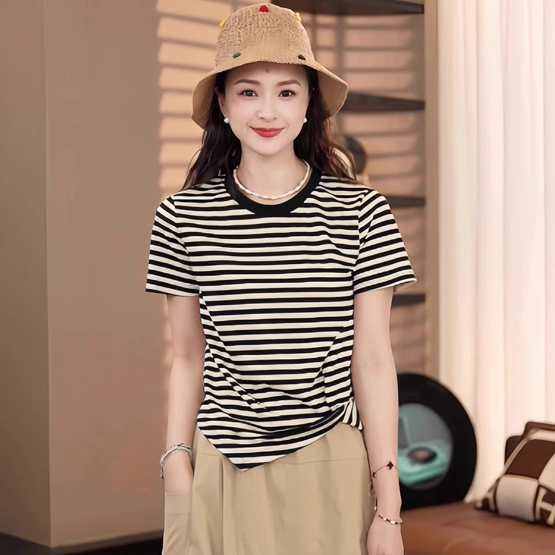 芊芊芙不规则条纹短袖t恤女2025新款夏季减龄独特漂亮掐腰上衣