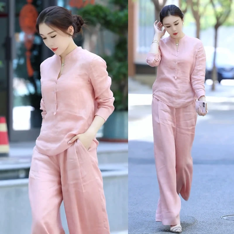 【48小时发货】时尚新中式阔腿裤两件套女2025春夏新款显瘦衬衫套装