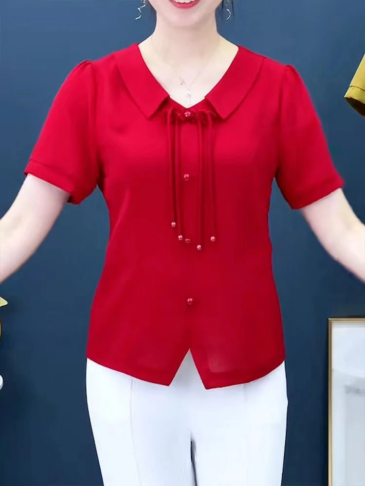 2025夏季短袖衬衫上衣修身显瘦时尚洋气小衫百搭减龄娃娃领妈妈装