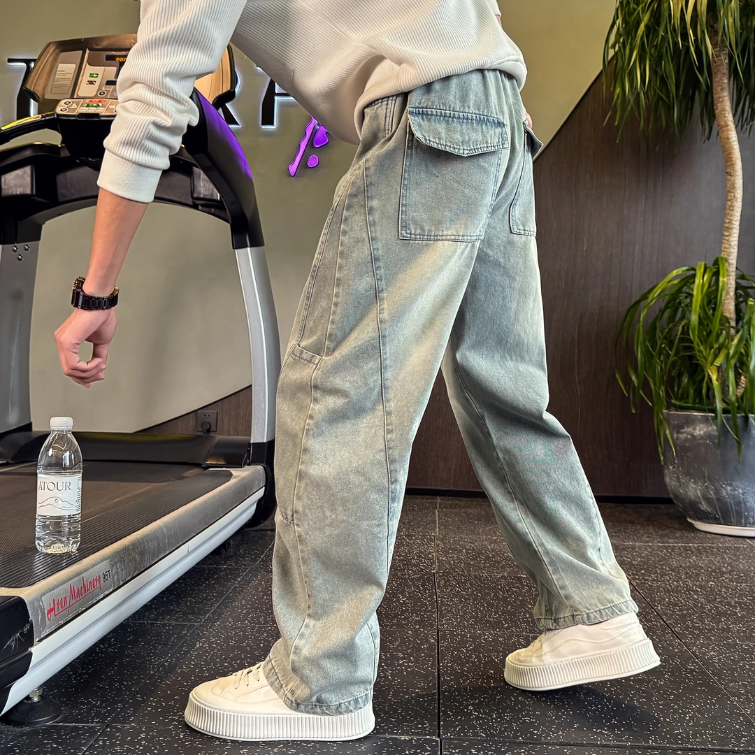 浅蓝色弯刀牛仔裤男士春秋款2025新款爆款直筒宽松休闲男装长裤子