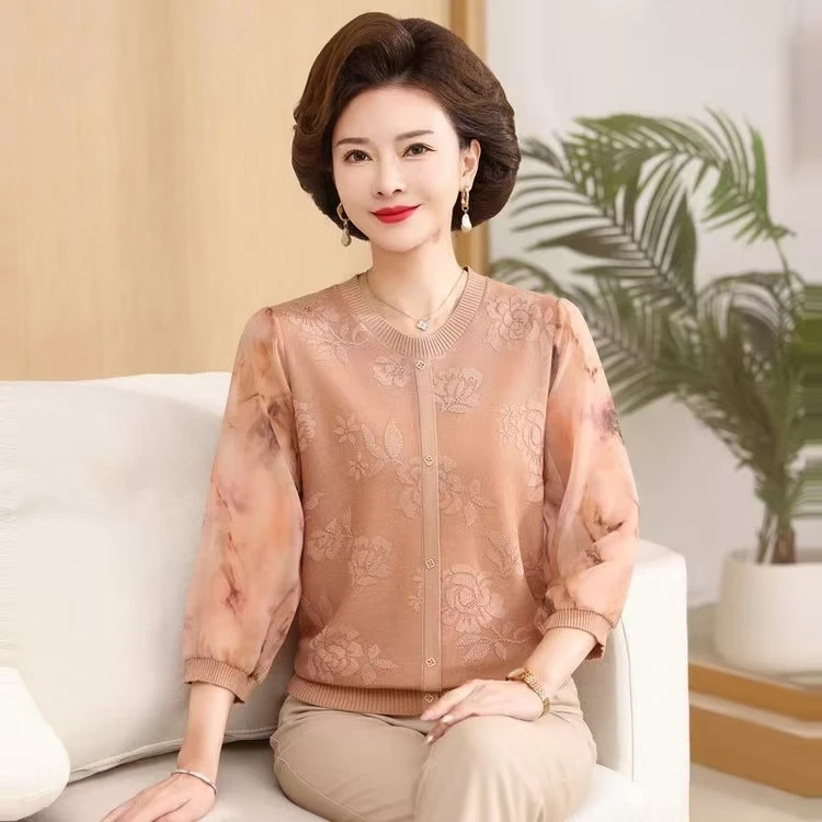 春装新款雪纺袖宽松针织毛衣薄款百搭打底T恤妈妈装洋气上衣8552