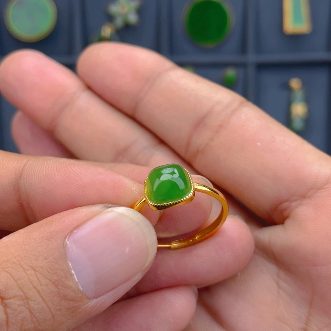 和田玉（碧玉）戒指银S925镶嵌方糖戒指