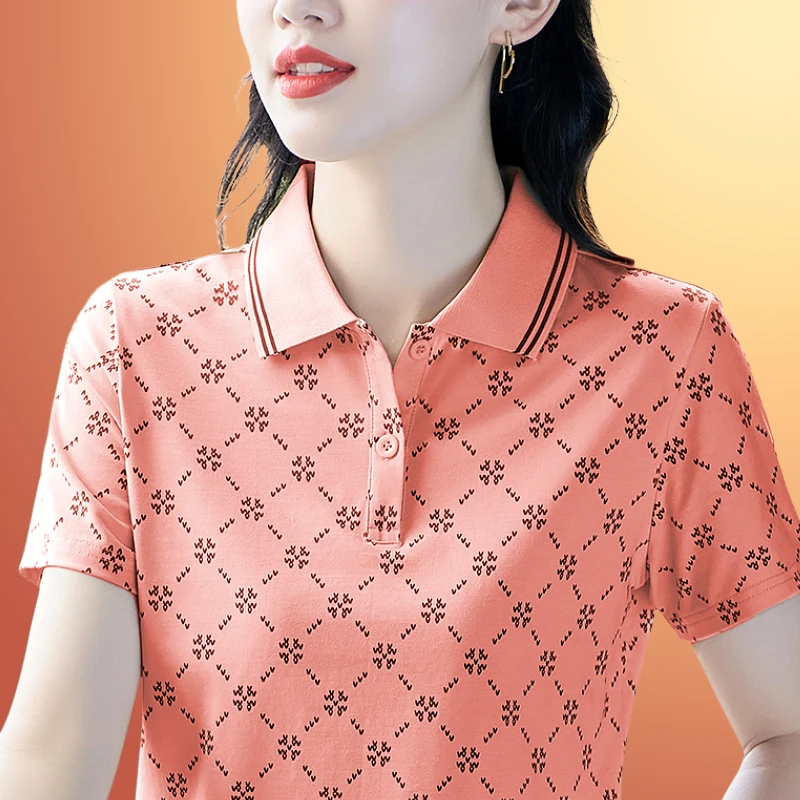 品牌冰丝短袖t恤女夏装2025新款妈妈polo衫印花百搭宽松上衣翻领