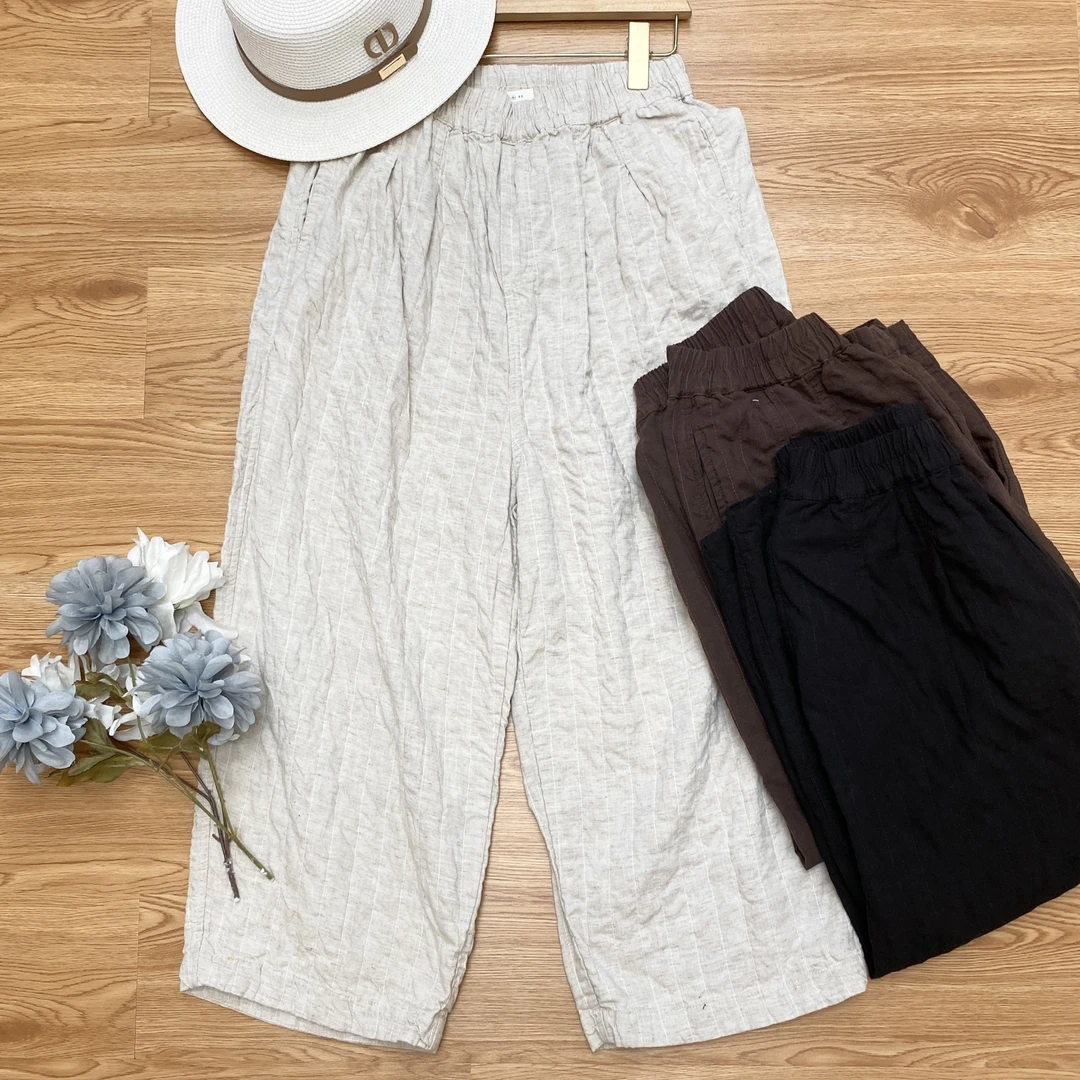 【麻料松紧腰双层老爹休闲裤】4720