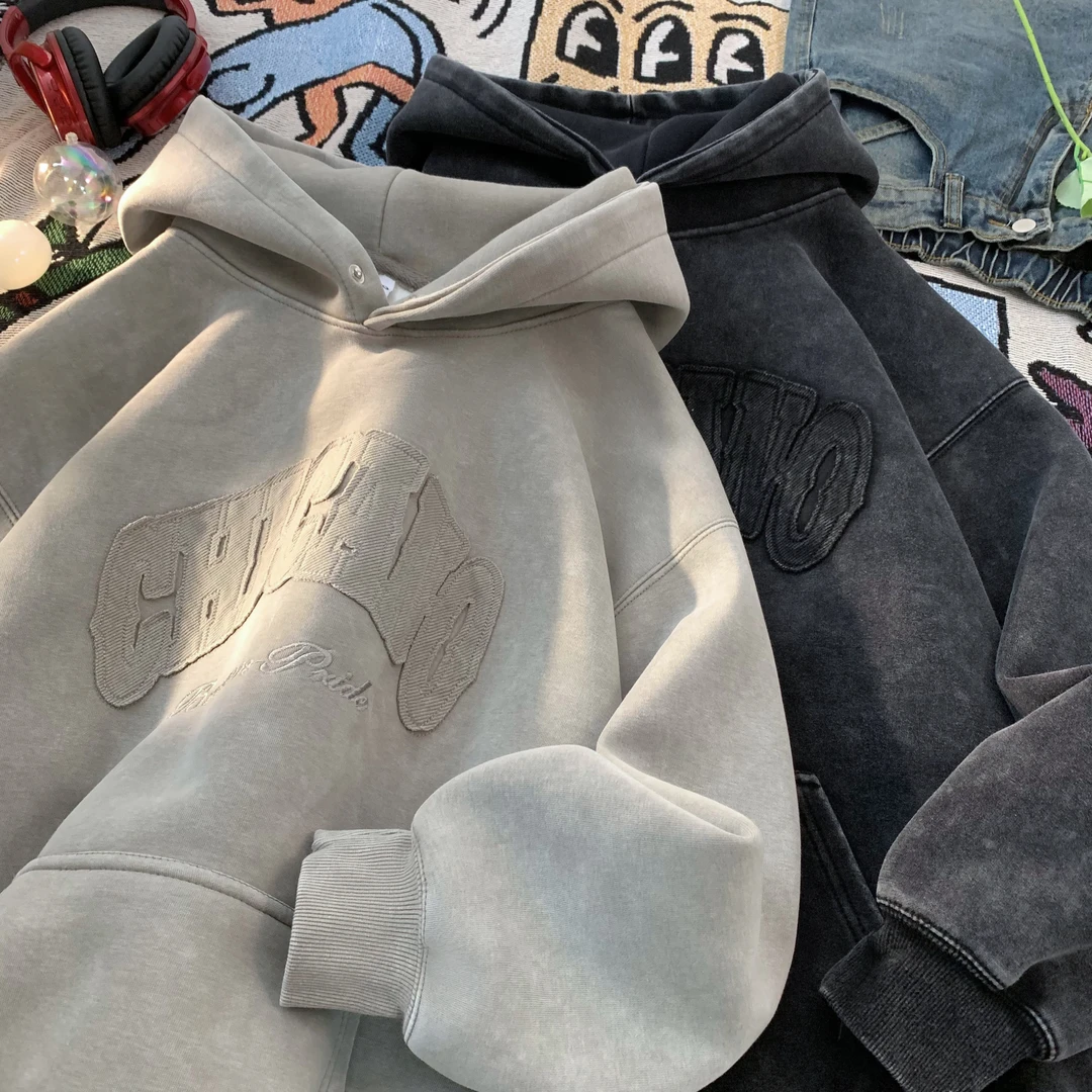 秋冬新款潮牌水洗连帽卫衣男生美式复古刺绣青少年高级感时尚外套