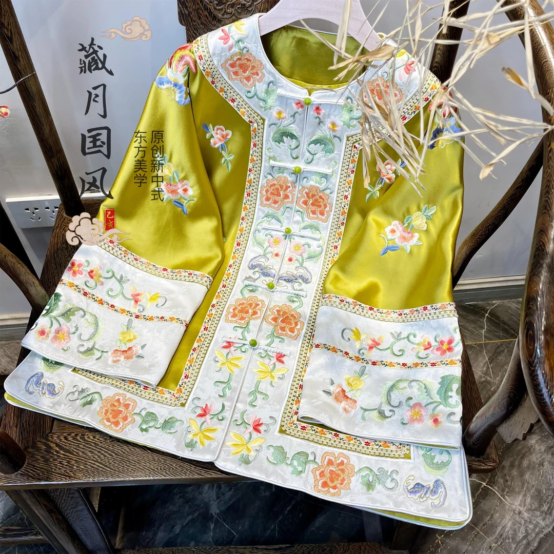 藏月2025春季新款国风打籽绣花对襟外套新中式醋酸太太服C2552500