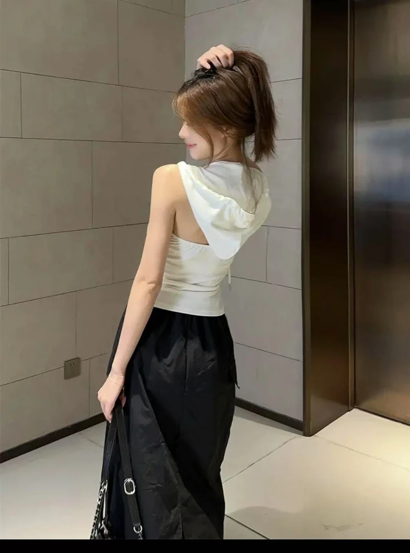 600-650编号甜酷辣妹无袖背心T恤女夏季露背短款修身气质连帽上衣