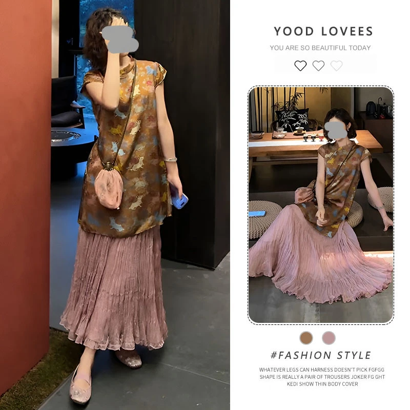 2025新中式国风黄色印花上衣裙套装宽松遮肉巨显瘦成熟高端一整套