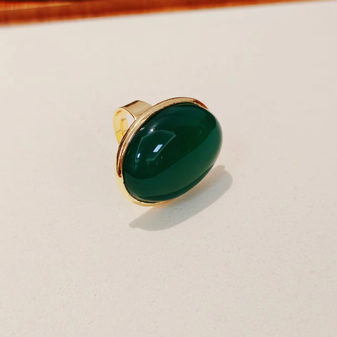 黄铜石英石戒指 时尚百搭民族风绿色椭圆珠轻奢素面戒指JZ55