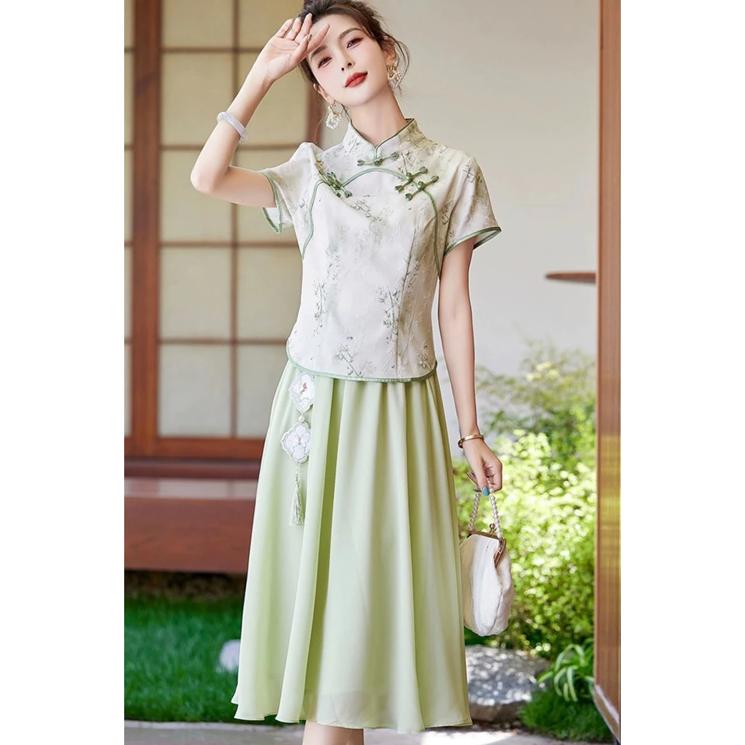 薄荷曼波半身套装裙女夏季年轻新款中式复古中国风旗袍短袖两件套