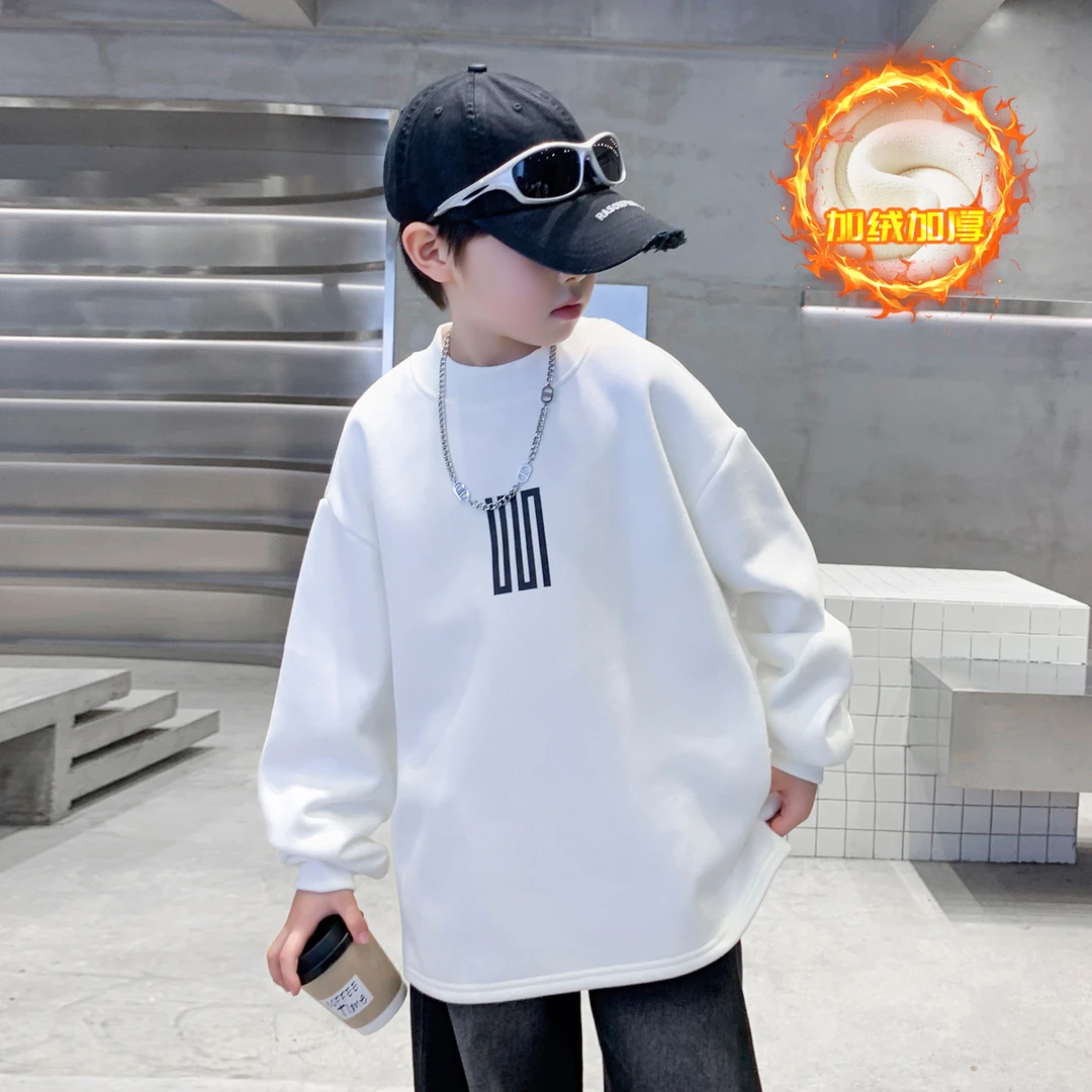 男童加绒加厚卫衣秋冬季5-15岁中大童帅气保暖打底衫儿童上衣男孩