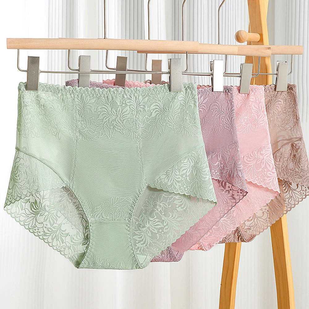 高腰收腹大码蕾丝女士内裤无痕透气提臀塑身棉质抑菌裆三角裤纯色