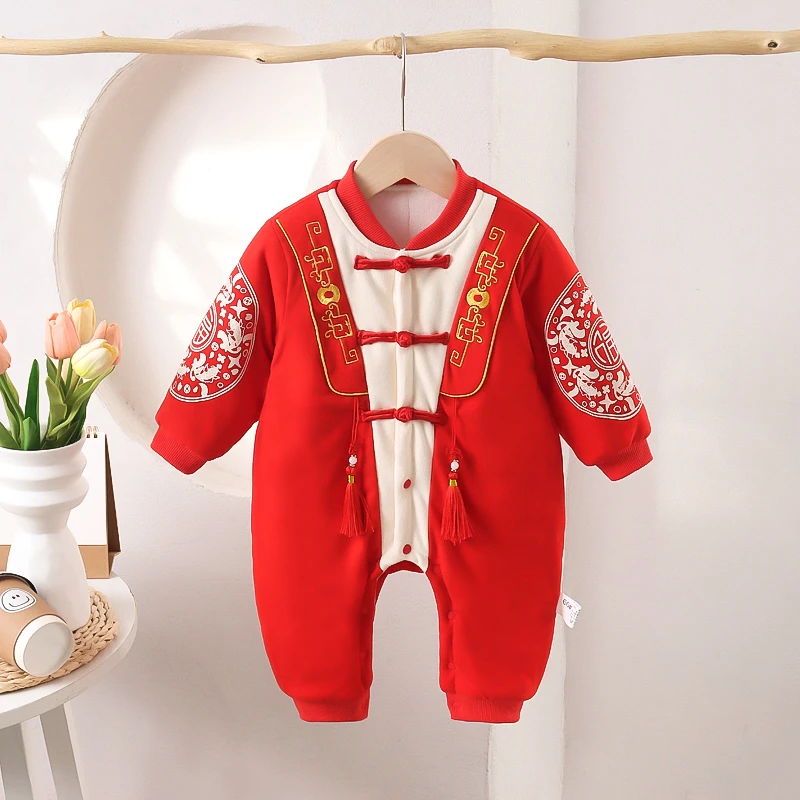 【秋冬上新】婴儿拜年服中拼流苏棉连体哈衣宝宝薄棉衣外出服