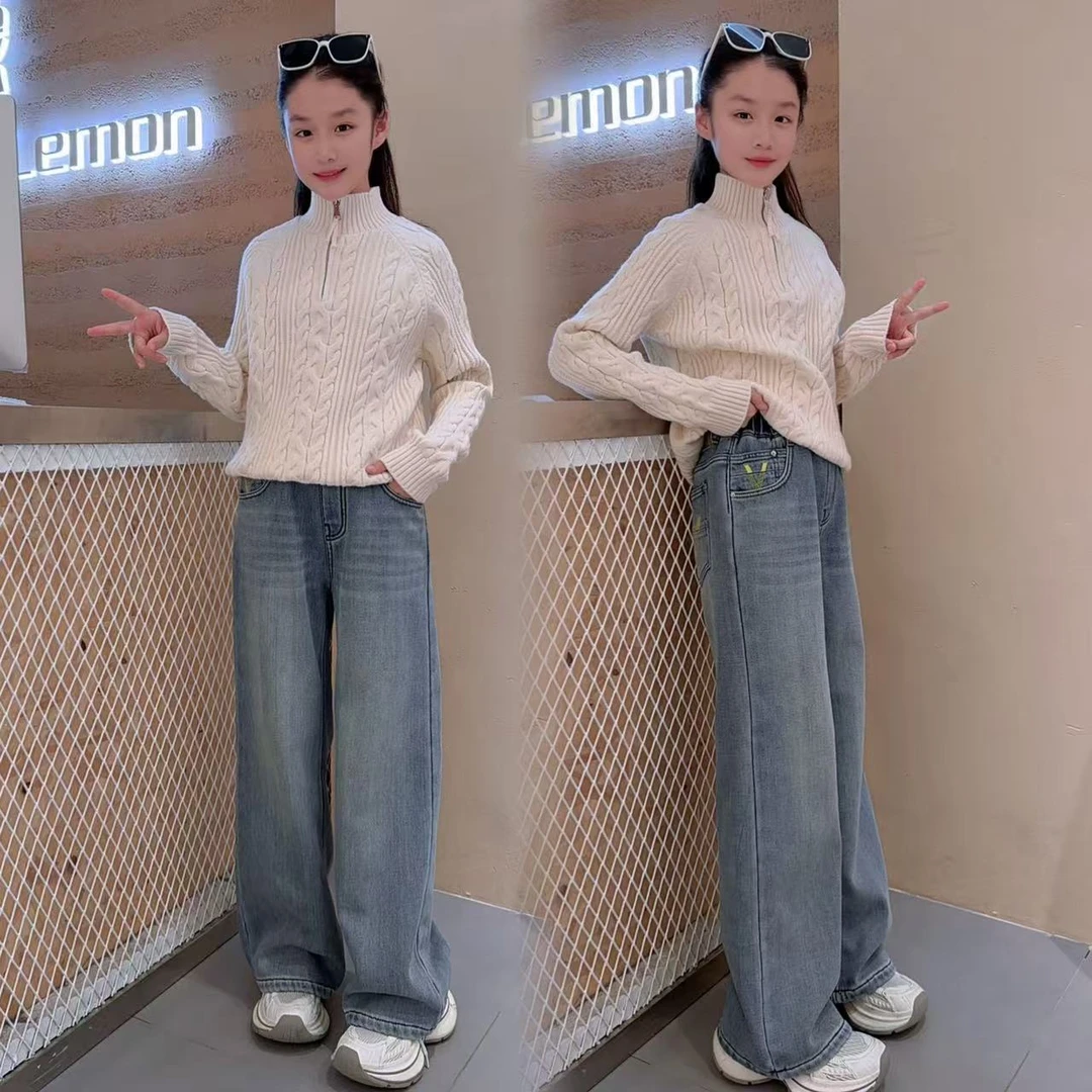 女童针织毛衣套装秋冬新款保暖毛衣女孩中大童加绒牛仔裤两件套潮