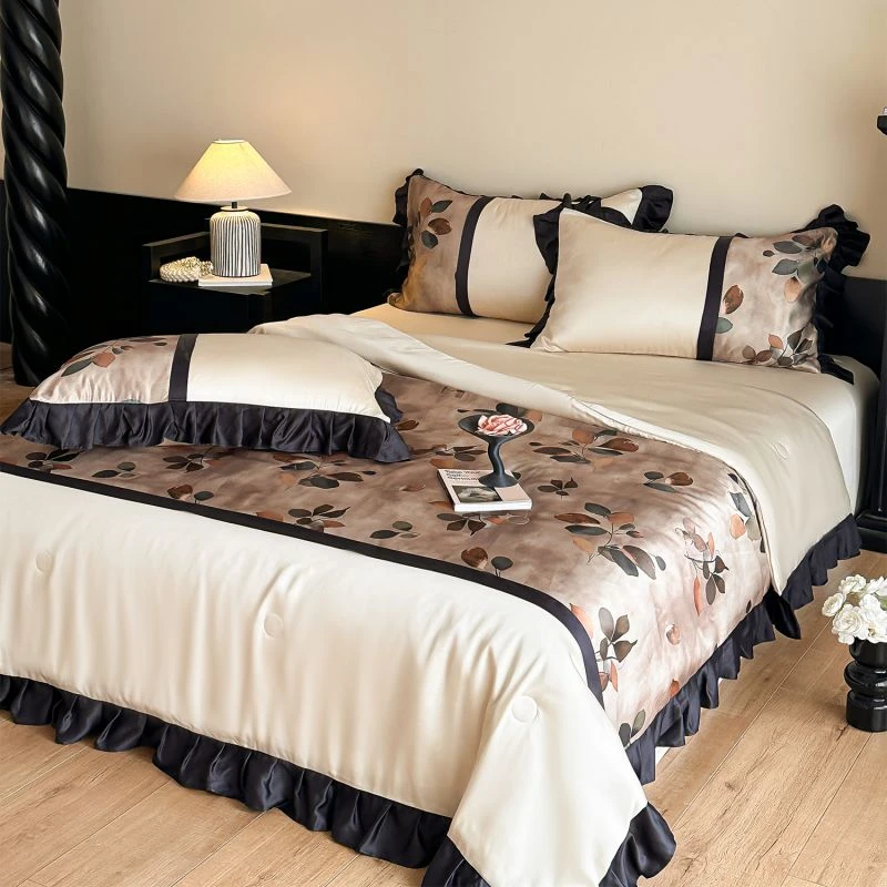 夏天A类冰丝夏凉被四件套轻奢荷叶边床笠款可机洗空调被子薄被芯4