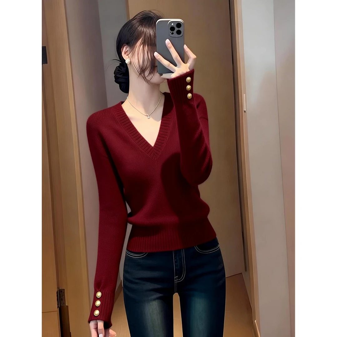 法式V领洋气针织衫女秋冬圣诞红色氛围感长袖打底衫修身显瘦毛衣