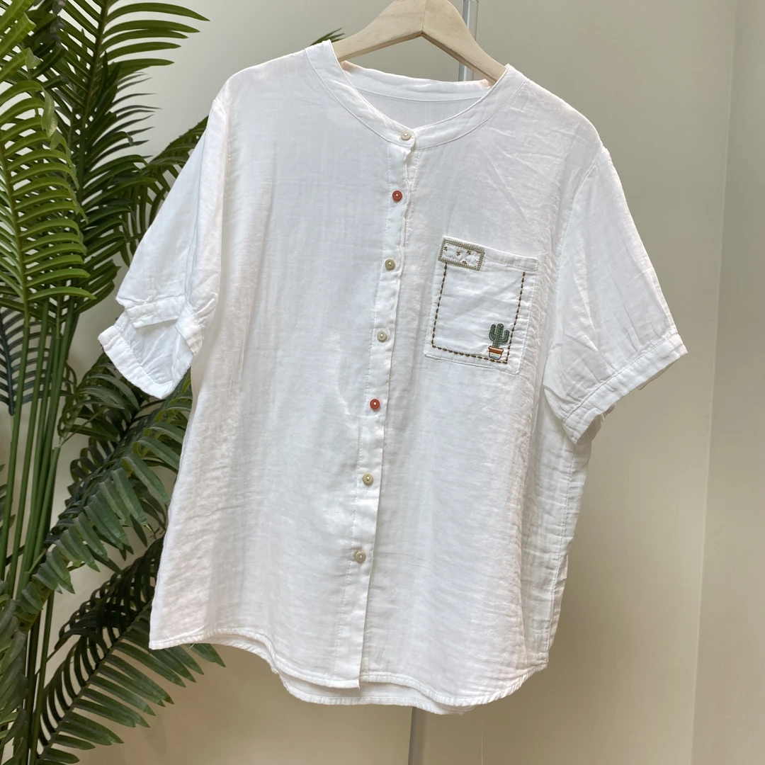 【彩扣口袋盆栽短袖棉纱衬衫】3663