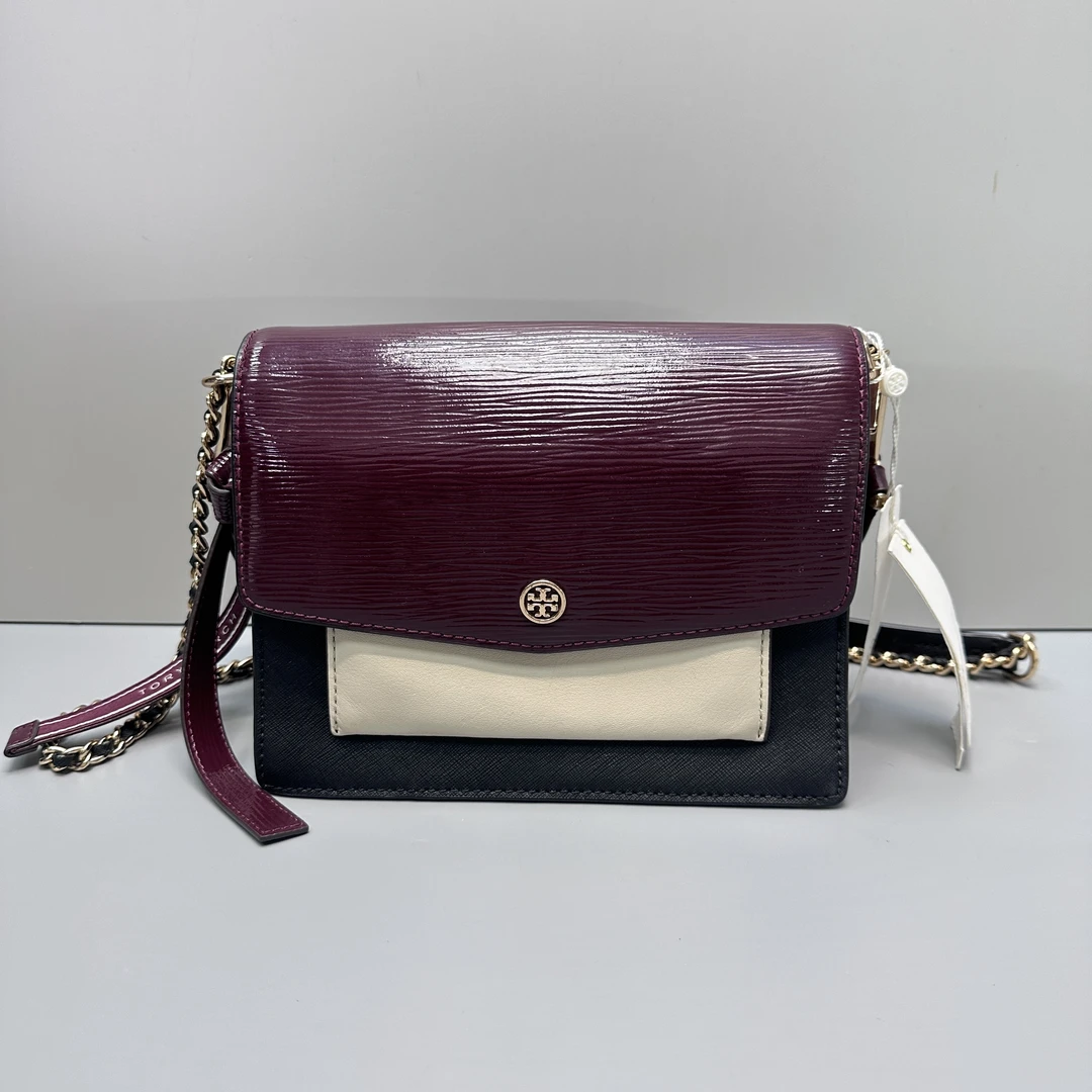 95新 TORY BURCH/汤丽柏琦 酒红色风琴斜挎包19x18x9cmM011002