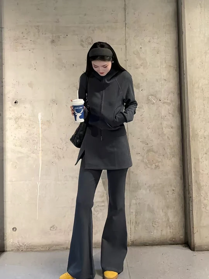 天一~大码法式设计高级感女装灰色连帽上衣微喇裤显瘦套装699858