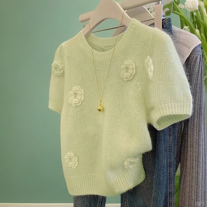 小香风奶蓝色立体花朵装饰设计感针织冰丝上衣女2025夏季爆款正肩