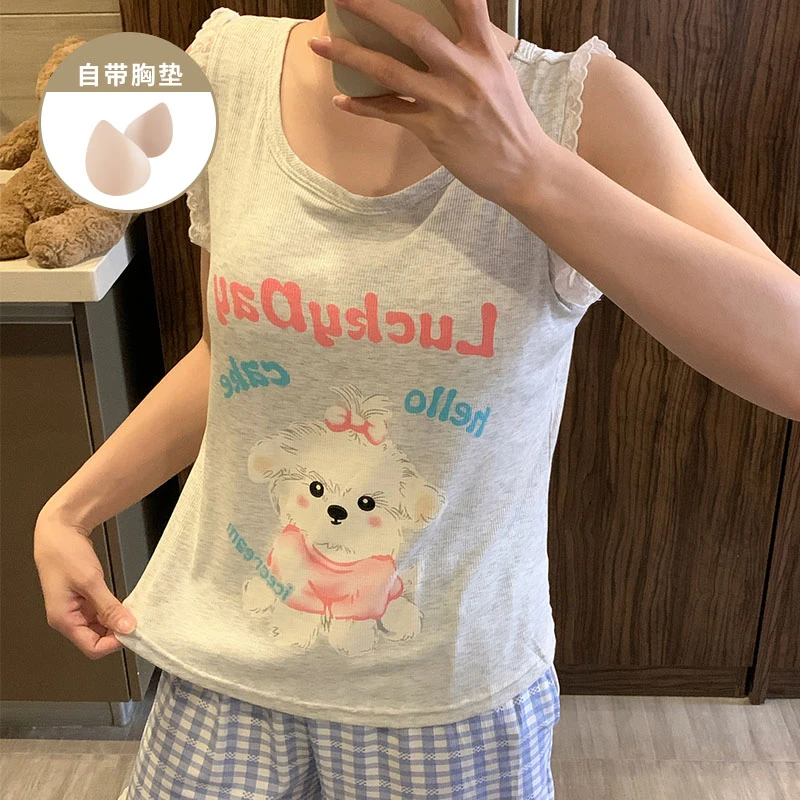 夏季爆款卡通风小狗带胸垫背心睡衣女士莫代尔吊带短裤家居服套装
