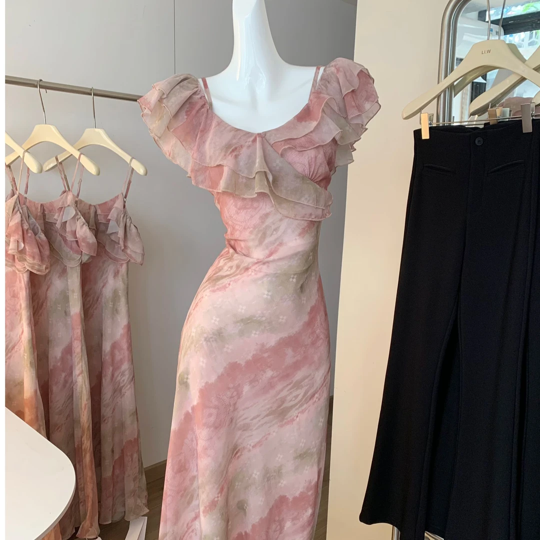 两穿法式气质复古晕染荷叶边吊带裙海边度假风掐腰短袖连衣裙长裙