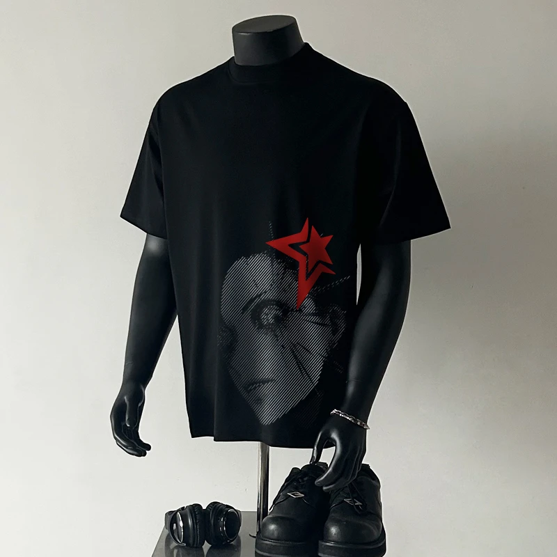 100%纯棉320克重磅短袖常规款夏季人物T恤嘻哈潮流时尚黑色国潮