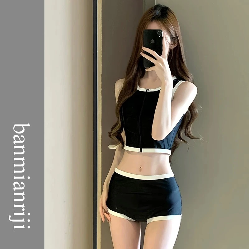 夏新款泳衣女款黑色学生运动保守小胸聚拢高腰遮肚温泉少女泳装