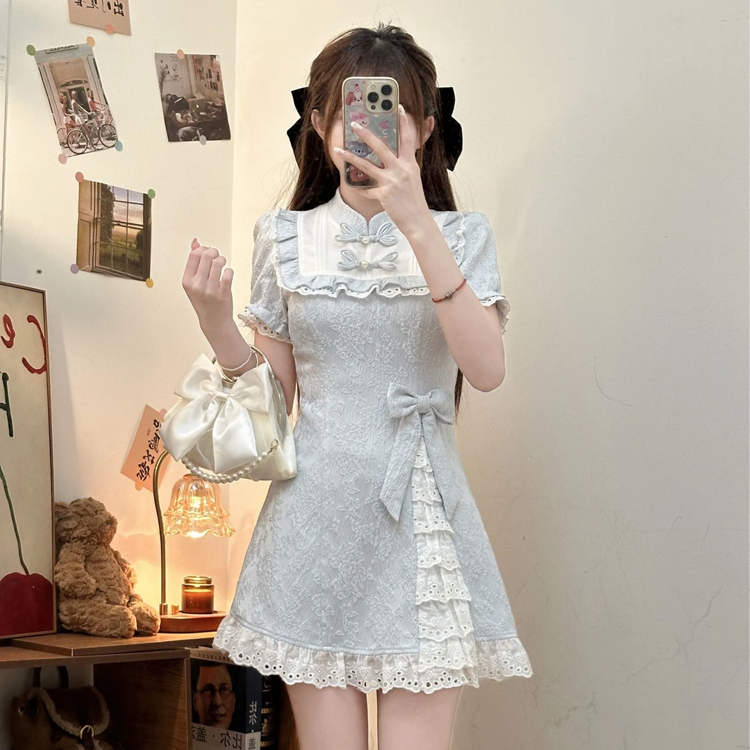 蓝调甜茶 织物猪原创 新中式清冷感显瘦暗纹提花设计感高级连衣裙