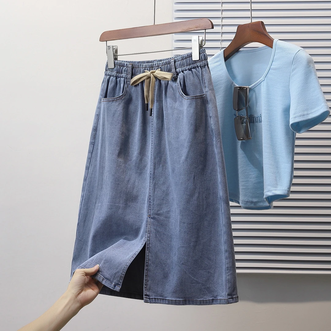 薄款大码宽松薄款休闲松紧腰弹力浅色牛仔半身裙胖MM中裙