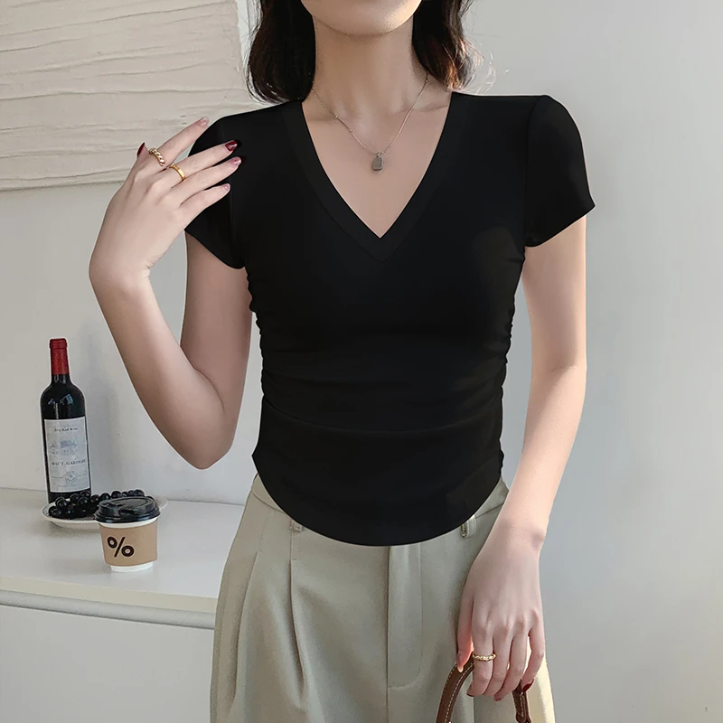 夏季女款正肩V领抽褶修身显瘦百搭短袖T恤时尚紧身纯色短款上衣女