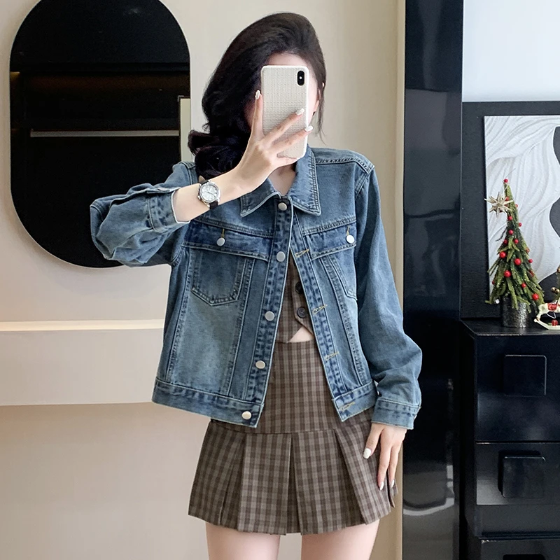 商场专柜女装春季复古短款牛仔外套女小个子休闲夹克上衣580359