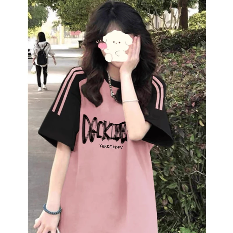 美式复古三条杠短袖t恤女夏季2025新款学生插肩袖宽松半袖上衣潮