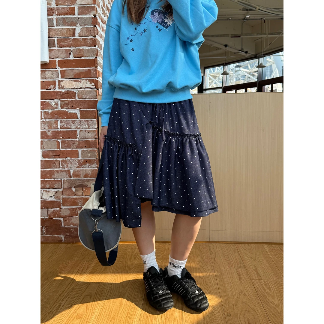 川川也家美式复古不规则牛仔波点裙宽松休闲ins半身裙设计短裙