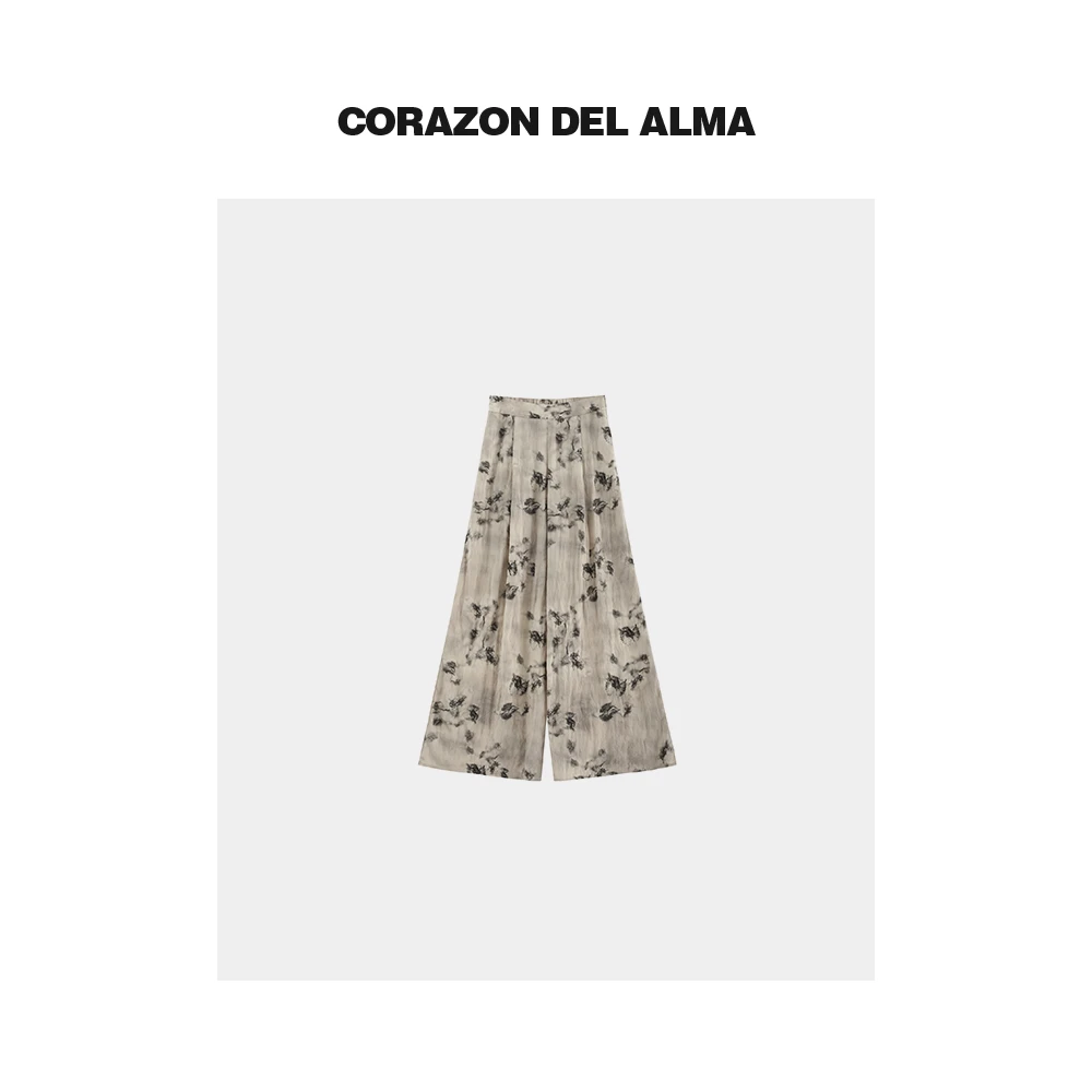 【夏沙】轻凉抗皱微绉肌理感印花复古高腰显瘦甩裤拖地裤-Z0077